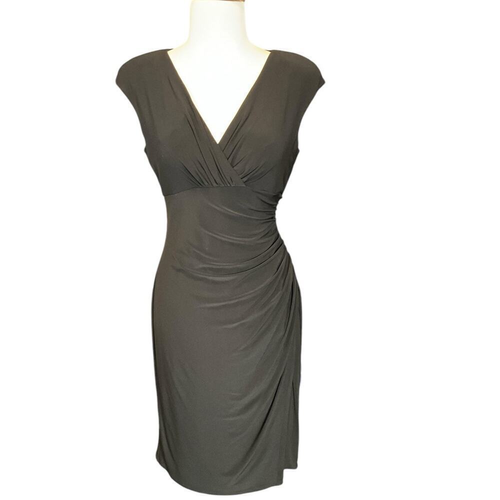 Lauren Ralph Lauren Womens Black Sleeveless Midi V-Neck Dress Rushed Side Size 8